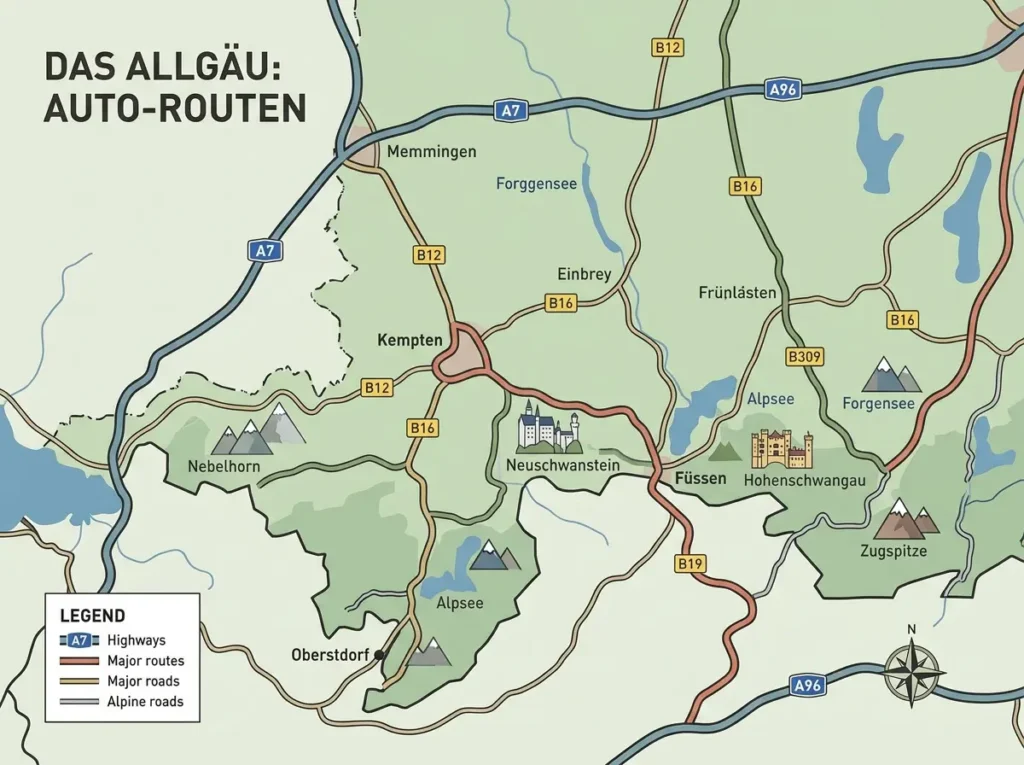 Vier Tagesziele im Allgäu mit dem Elektroauto. Was Höhenmeter kosten, wo Sie laden und welche Modelle sich für die Strecken eignen. KI generiertes Symbolbild.