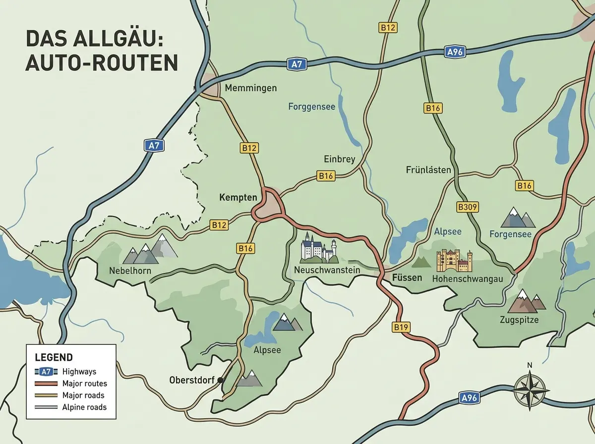 Vier Tagesziele im Allgäu mit dem Elektroauto. Was Höhenmeter kosten, wo Sie laden und welche Modelle sich für die Strecken eignen. KI generiertes Symbolbild.