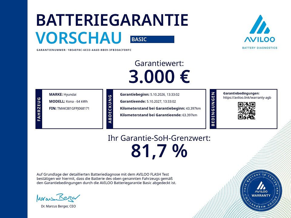 Fahrzeugabbildung Hyundai KONA EV 64kWh TREND NAV+ASSIST-P 1HD AVILOO HUD+