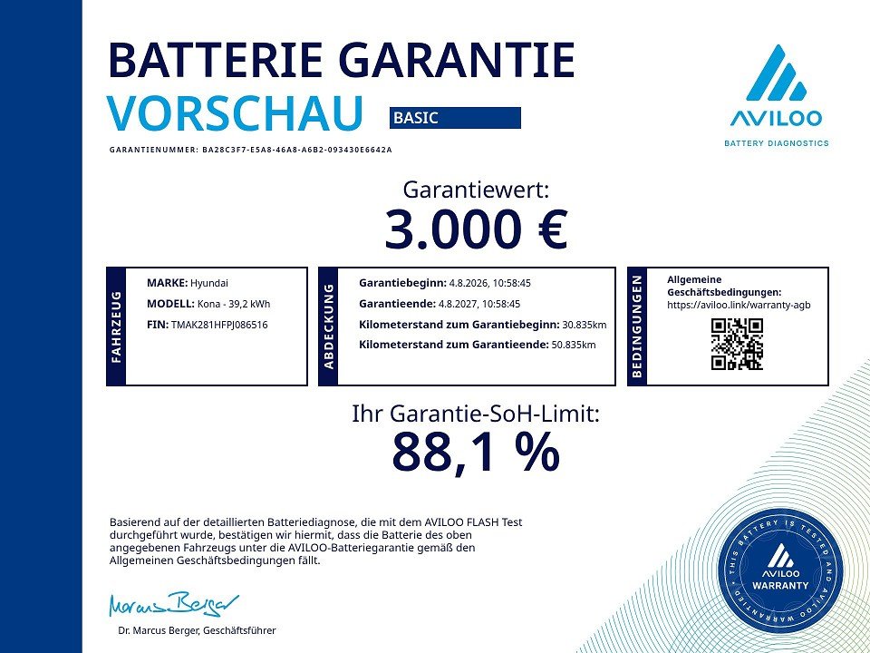 Fahrzeugabbildung Hyundai KONA EV 39kWh SELECT GARANTIE-03/31 CARPLAY+SHZ+